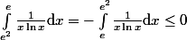 \int_{e^2}^{e} \frac{1}{x\ln x} \mathrm{d}x = -\int_{e}^{e^2} \frac{1}{x\ln x} \mathrm{d}x \leq 0